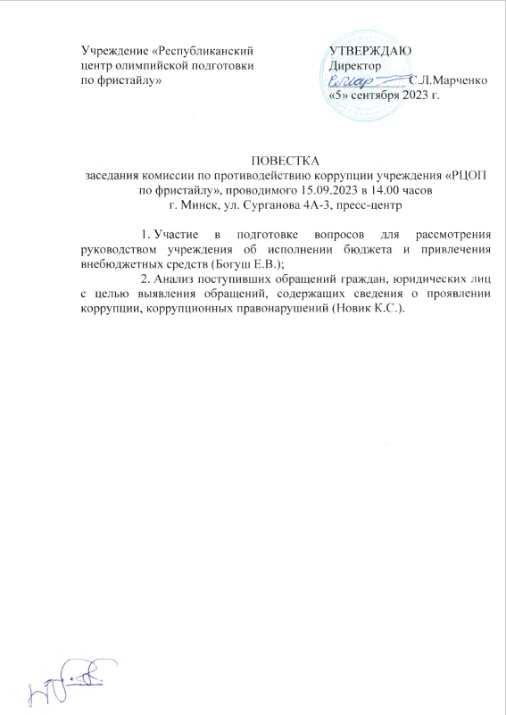 Заседание комисси по противодействию коррупции учреждения «РЦОП по фристайлу»